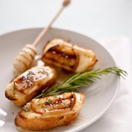 Grilled pear, brie, and honey crostini