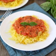 Baked Spaghetti Squash with Creamy Roasted Red Pepper Sauce from www.twopeasandtheirpod.com #recipe #glutenfree #vegetarian