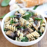 Creamy Goat Cheese Pasta with Spinach & Mushrooms-a simple #vegetarian dish from www.twopeasandtheirpod.com #recipe