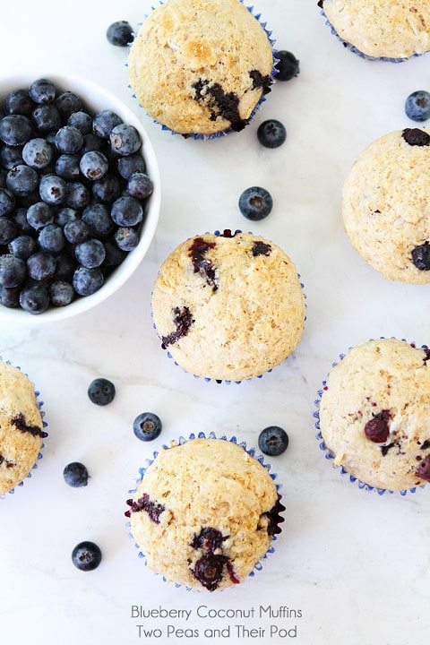 Easy Blueberry Coconut Muffins on twopeasandtheirpod.com 