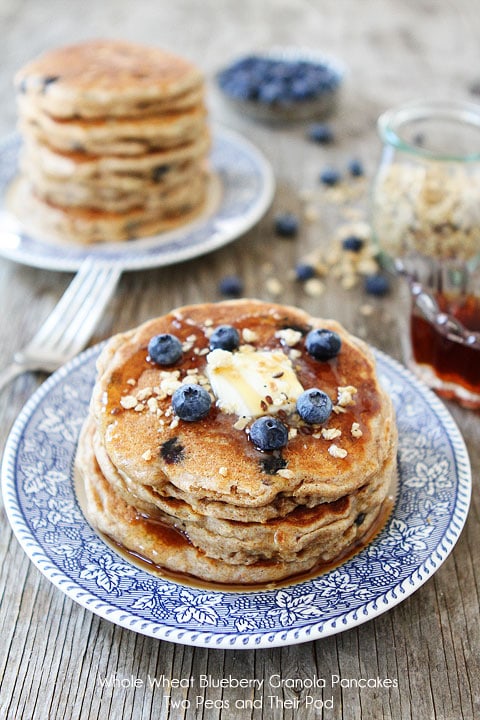 Whole Wheat Blueberry Granola Pancake Recipe from twopeasandtheirpod.com