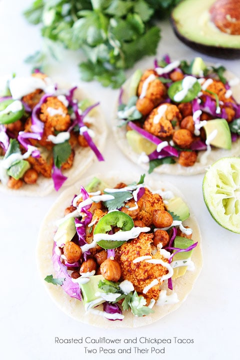 Roasted Cauliflower and Chickpea Tacos Recipe on twopeasandtheirpod.com My favorite tacos!