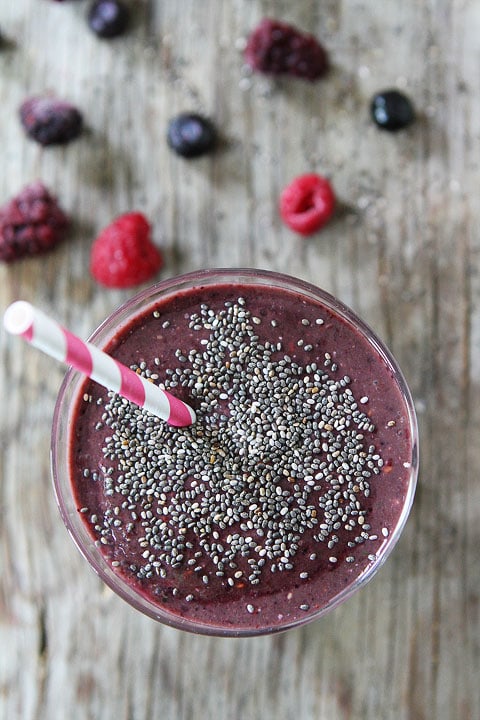 Triple Berry Chia Smoothie Recipe on twopeasandtheirpod.com. You only need 5 minutes and 5 ingredients to make this healthy smoothie! #vegan #glutenfree #smoothie