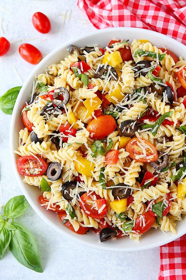 Easy Pasta Salad in white serving bowl. 