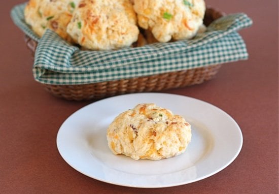 drop biscuits with cheddar, bacon and onions in basket