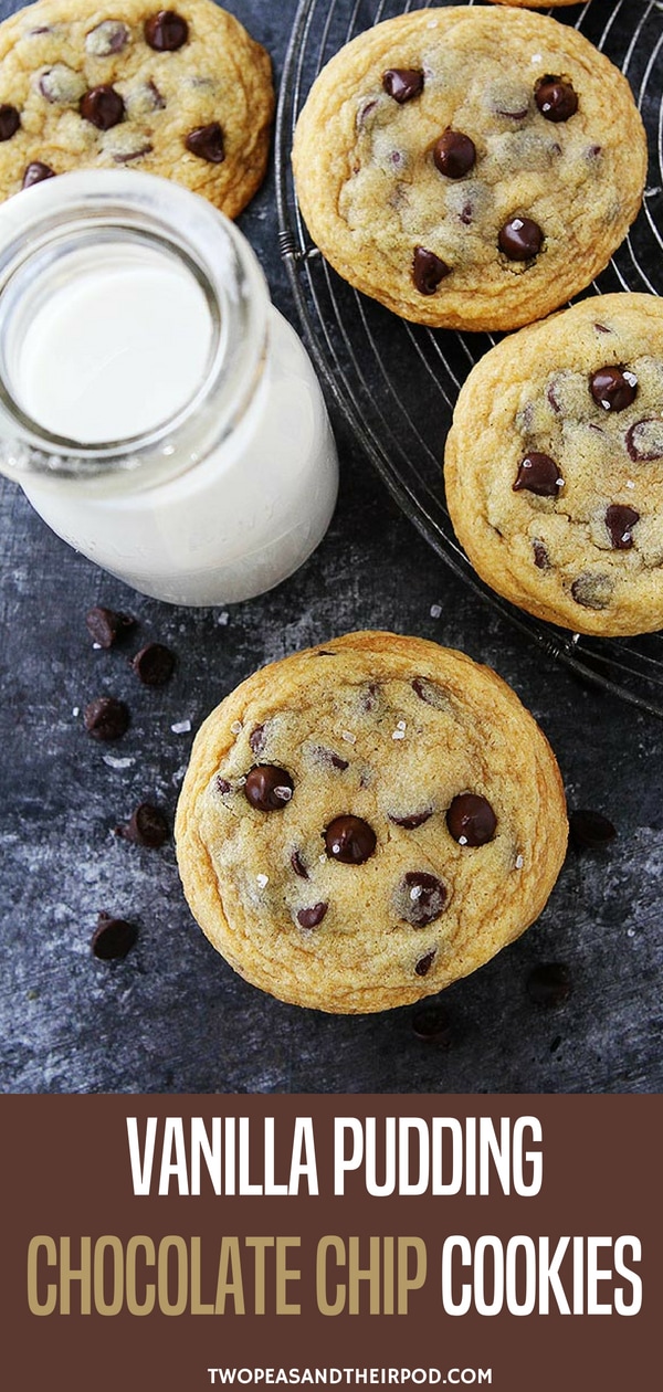 These super soft chocolate chip cookies are made with a secret ingredient, vanilla pudding mix! You are going to LOVE this chocolate chip cookie recipe! #cookies #baking #chocolatechipcookies #chocolatechip #easyrecipe #recipe Visit twopeasandtheirpod.com for more simple, fresh, and family friendly meals. #familyfriendlymeals