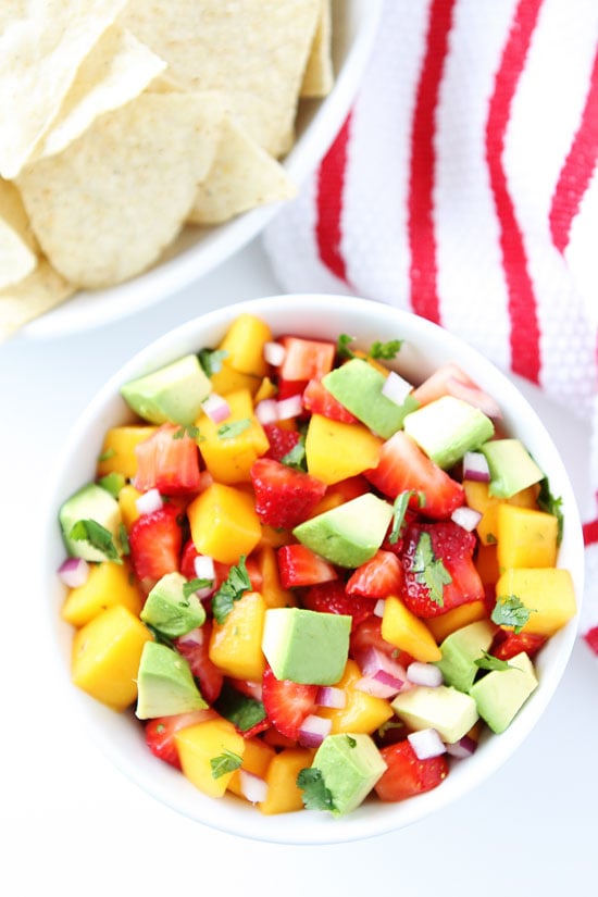 Mango Salsa Recipe with strawberries, avocado, red onion and cilantro