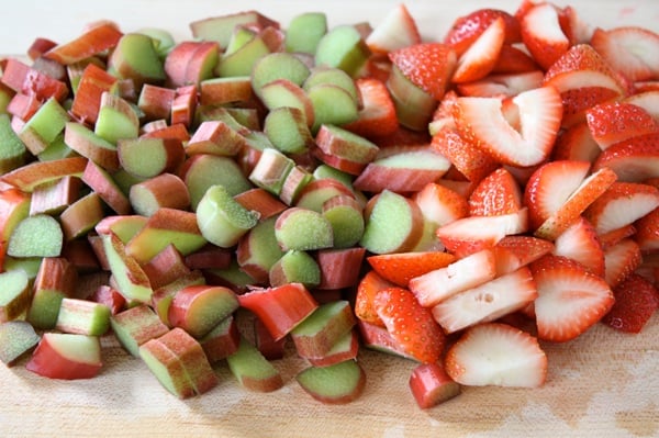 Chopped Strawberries and Rhubarb for Strawberry Rhubarb Crisp