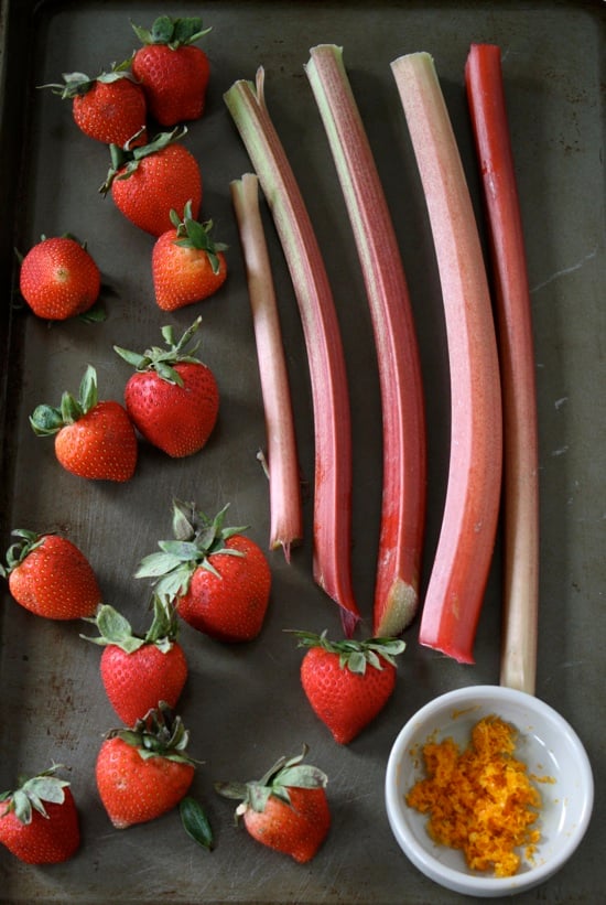 Strawberries and Rhubarb laid out for Strawberry Rhubarb Crisp