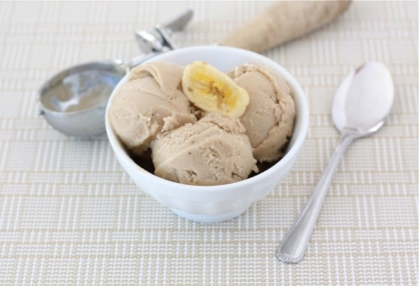 homemade banana ice cream in bowl with spoon