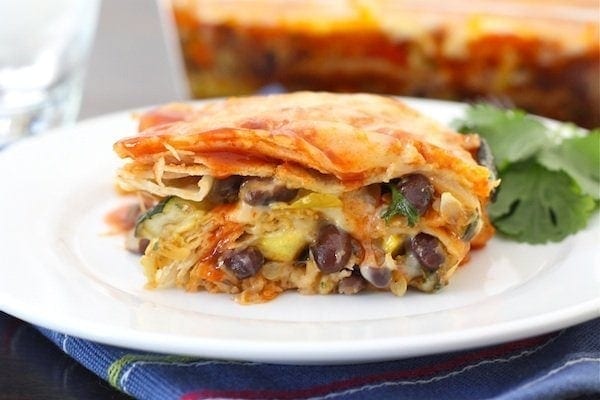 Stacked Roasted Vegetable Enchilada Recipe on twopeasndtheirpod.com Easy to make and freezes well too!