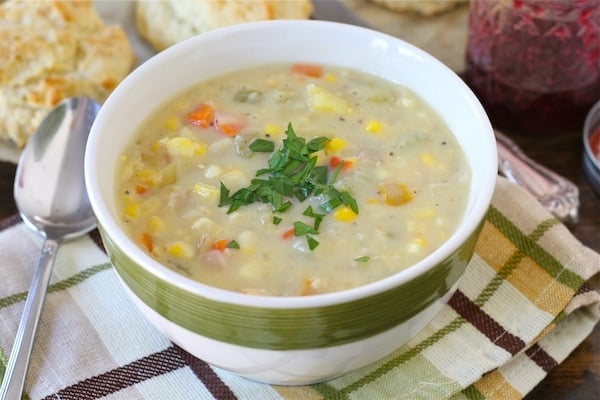 corn chowder soup served in bowl