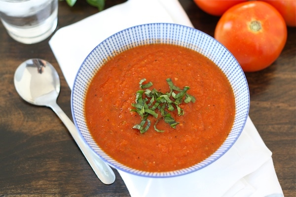Easy Roasted Tomato Basil Soup Recipe on twopeasandtheirpod.com #recipe