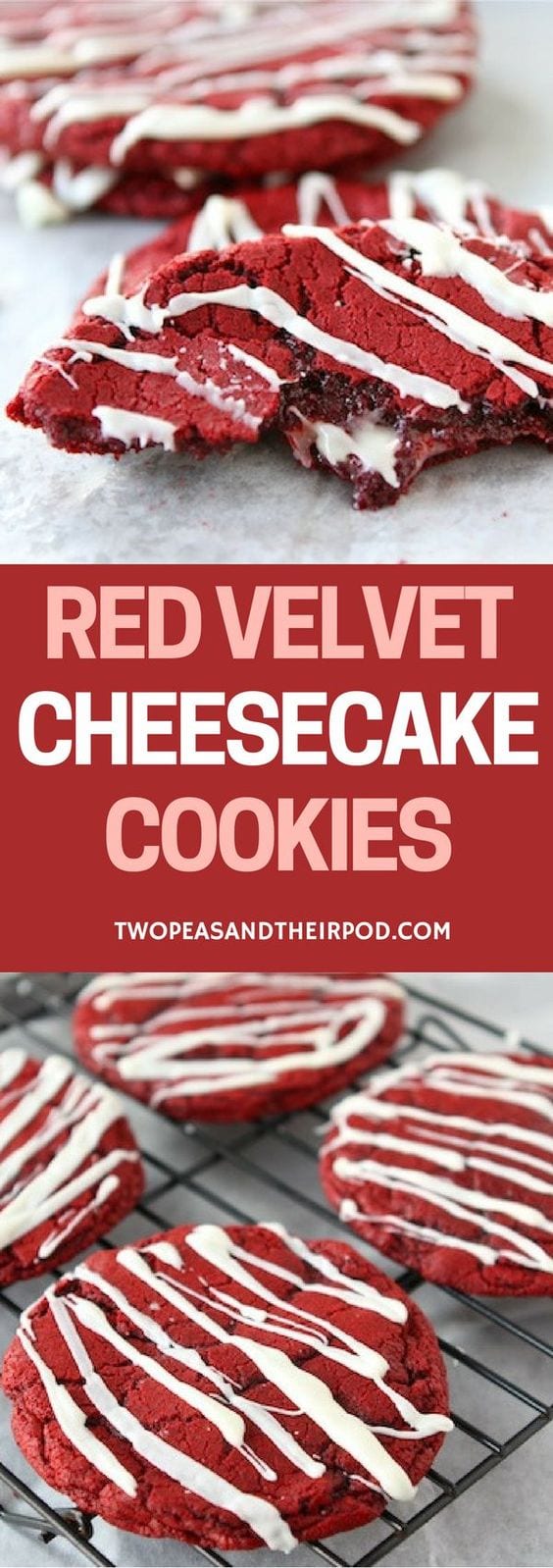 Red Velvet Cheesecake Cookies-you will love the cheesecake surprise in these easy red velvet cookies! #redvelvet #cheesecake #cookies #ValentinesDay #Christmas