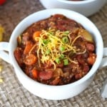 Vegetarian chili with protein-packed quinoa in serving bowl