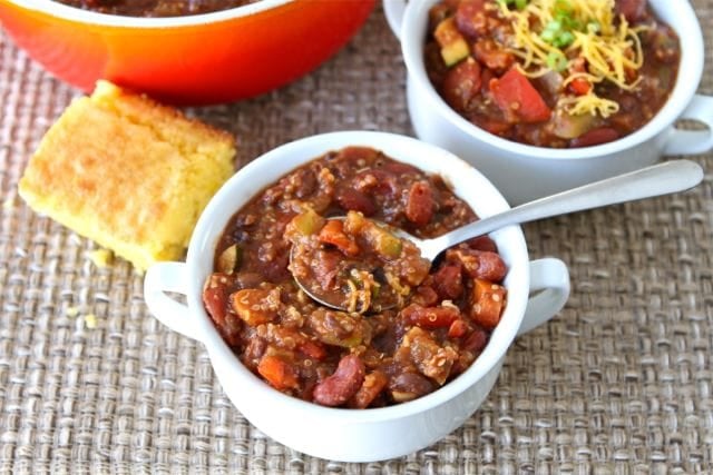 Spoonful of Quinoa chili served with cornbread