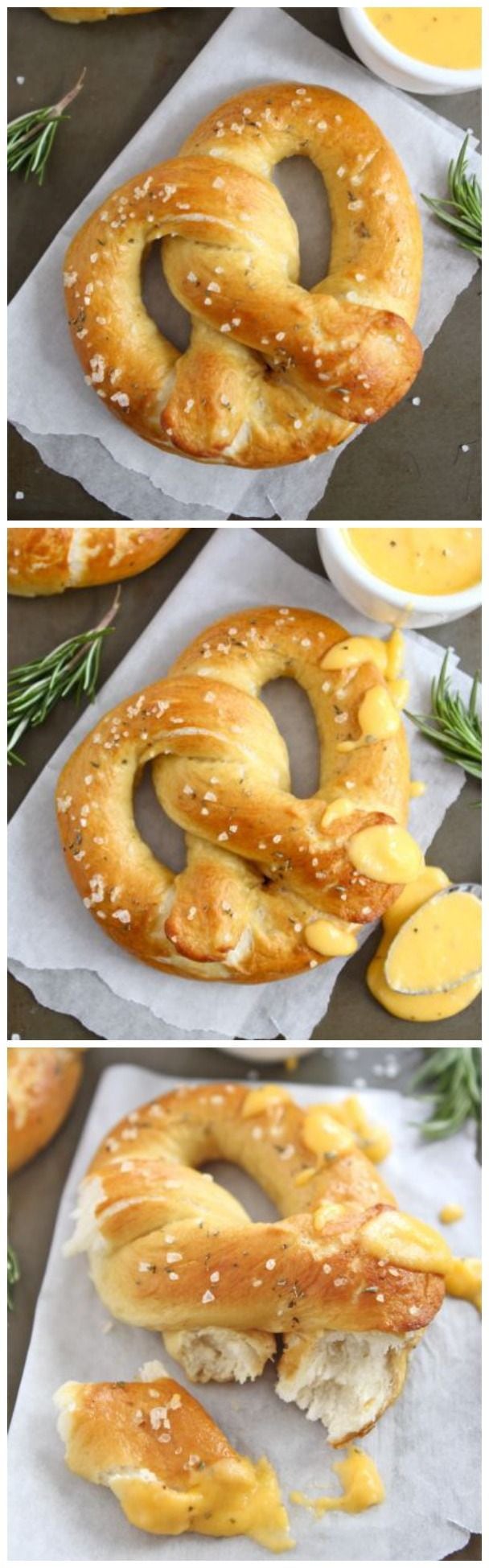 Rosemary Sea Salt Pretzels with Cheese Sauce on twopeasandtheirpod.com These homemade pretzels are easy to make at home and SO good!