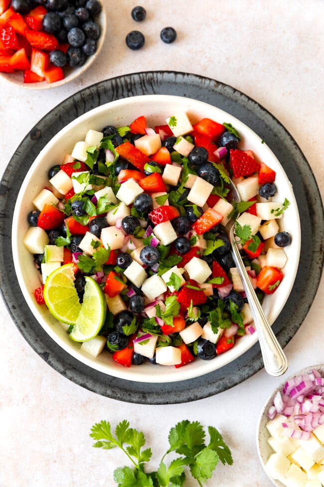 easy blueberry strawberry jicama salsa in bowl