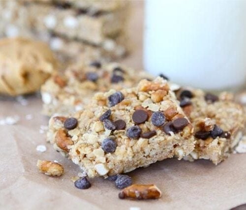 No Bake Peanut Butter Pretzel Chocolate Chip Granola Bars