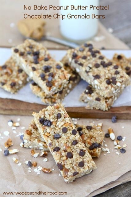 No-Bake Peanut Butter Pretzel Chocolate Chip Granola Bars are easy to make at home.