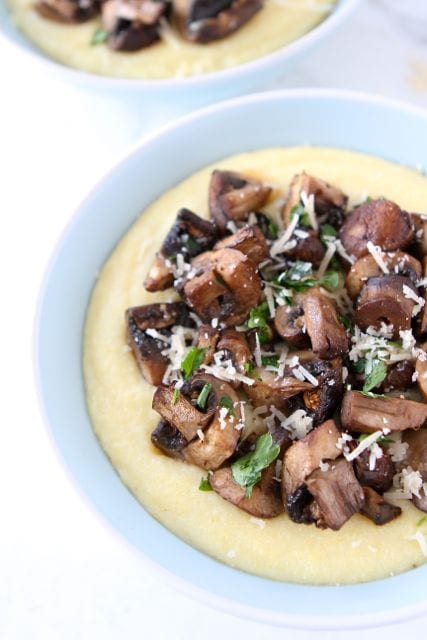 Creamy polenta recipe with roasted mushrooms and parmesan cheese