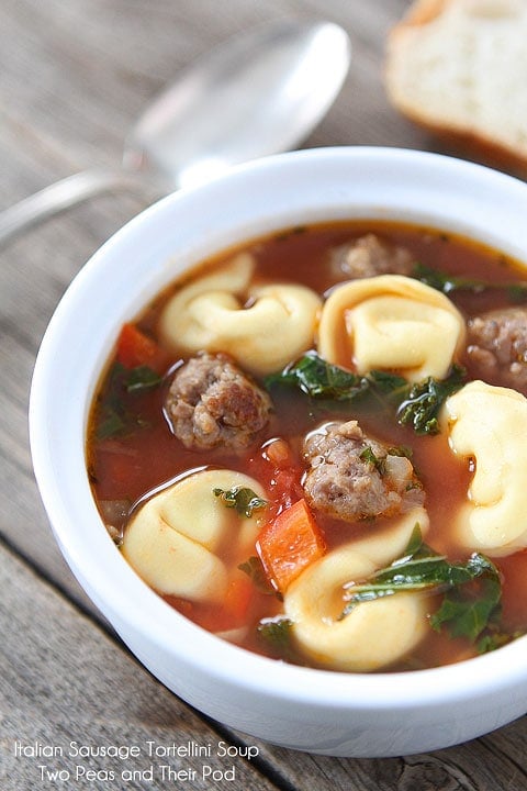 Italian Sausage Cheese Tortellini Soup on www.twopeasandtheirpod.com An easy and hearty soup recipe! 