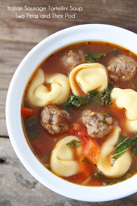 Italian Sausage Cheese Tortellini Soup Recipe on www.twopeasandtheirpod.com