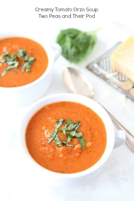 Creamy Tomato Orzo Soup made with Greek Yogurt from www.twopeasandtheirpod.com 