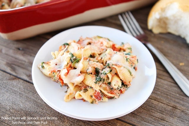 Baked pasta dish with ricotta cheese, spinach, and marinara