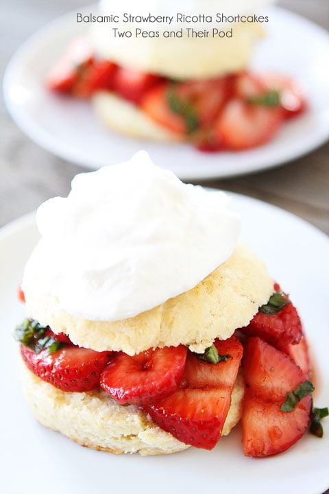 Balsamic Strawberry Ricotta Shortcakes Recipe on twopeasandtheirpod.com