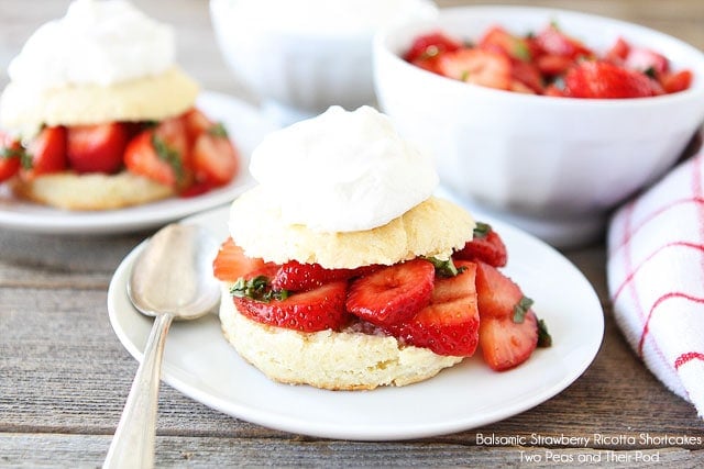 Strawberry Shortcake with Balsamic Basil Strawberries on twopeasandtheirpod.com