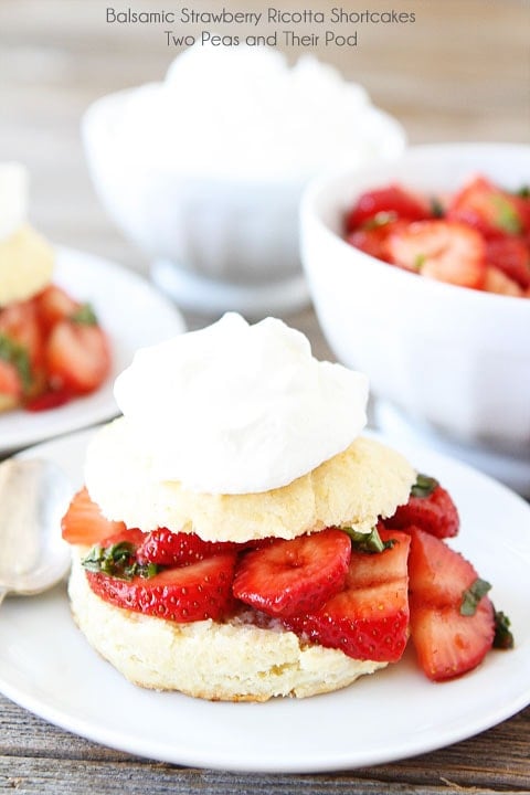 Balsamic Strawberry Ricotta Shortcakes on twopeasandtheirpod.com