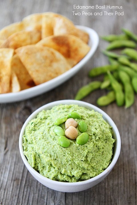Edamame Basil Hummus Recipe on twopeasandtheirpod.com This healthy dip is great for snacking and parties!