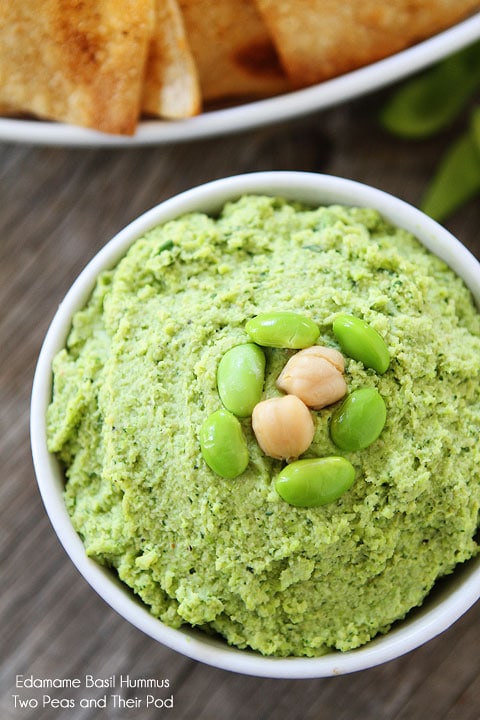 Edamame Basil Hummus Recipe on twopeasandtheirpod.com 