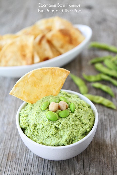 Edamame Basil Hummus Recipe on twopeasandtheirpod.com Gluten-Free, Vegan, and SO good!