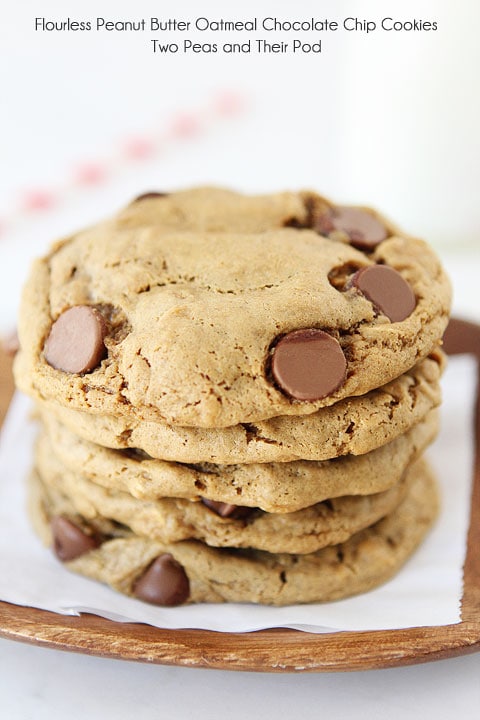 Flourless Peanut Butter Chocolate Chip Oatmeal Cookies on twopeasandtheirpod.com