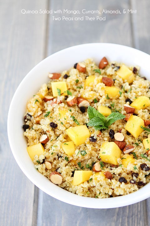 Quinoa Salad with Mango, Currants, Almonds, & Mint Recipe on twopeasandtheirpod.com