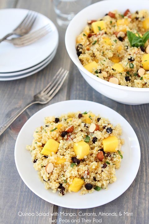 Easy Quinoa Salad with Mango, Currants, Almonds, & Mint Recipe on twopeasandtheirpod.com 