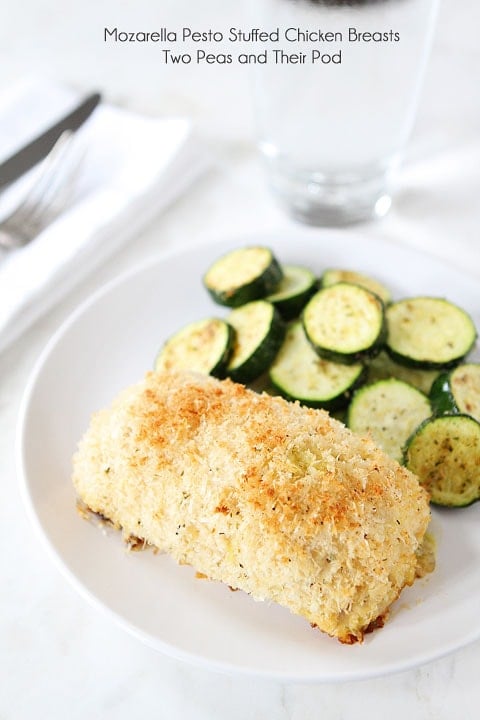 Mozzarella Pesto Stuffed Chicken Breasts Recipe served with zucchini