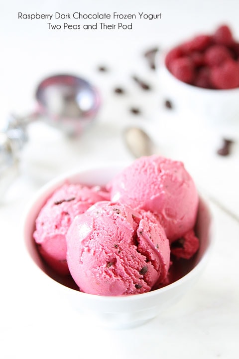 Raspberry Dark Chocolate Frozen Yogurt Recipe on twopeasandtheirpod.com A simple summer treat!