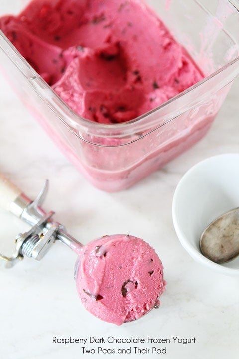 Raspberry Dark Chocolate Frozen Yogurt on twopeasandtheirpod.com So easy to make at home!