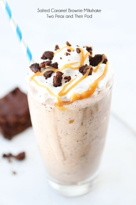 Salted Caramel Brownie Milkshake Recipe on twopeasandtheirpod.com You are in for a real treat-this shake is divine!