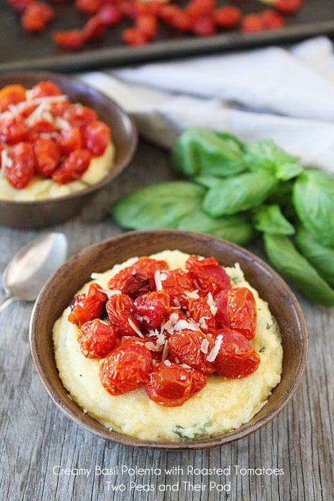Creamy Basil Polenta with Roasted Tomatoes Recipe on twopeasandtheirpod.com