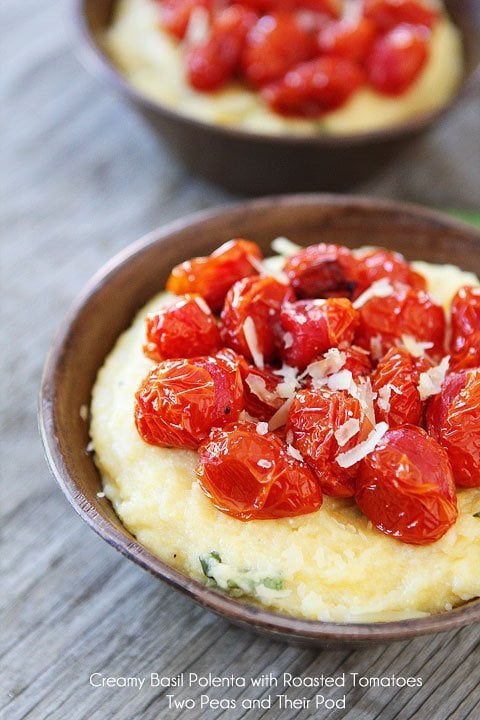 Easy Creamy Basil Polenta with Roasted Tomatoes Recipe on twopeasandtheirpod.com A simple and tasty meal! 