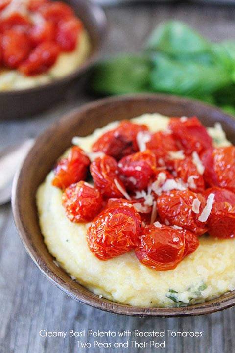 Easy Creamy Basil Polenta with Roasted Tomatoes Recipe on twopeasandtheirpod.com A tasty meal in under 30 minutes!