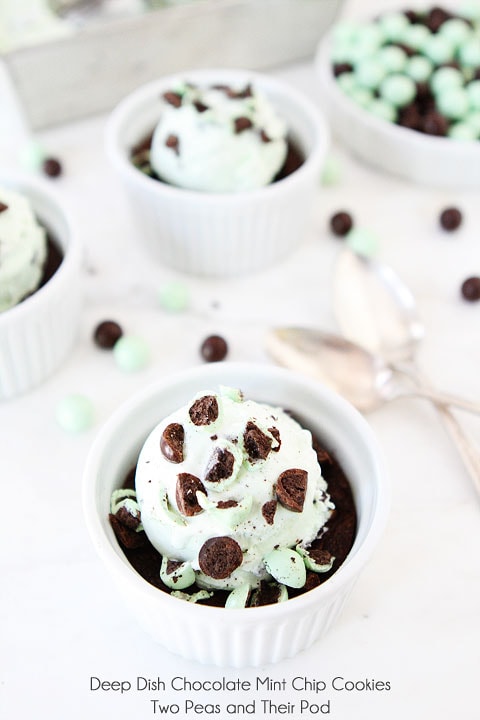 Deep Dish Chocolate Mint Chip Cookies on twopeasandtheirpod.com Add a scoop of chocolate mint chip ice cream and you have a heavenly dessert! 