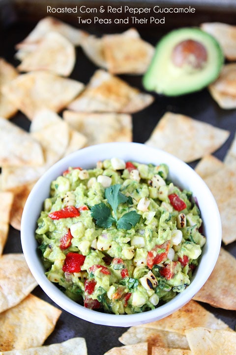 Roasted Corn & Red Pepper Guacamole Recipe on twopeasandtheirpod.com