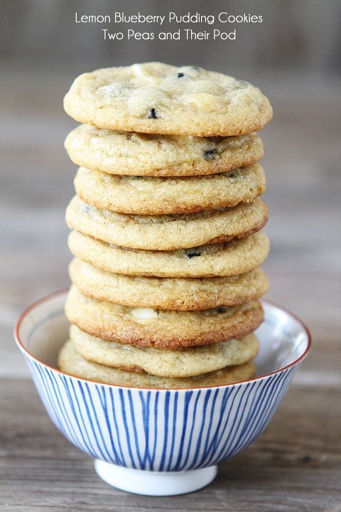 Lemon Blueberry Pudding Cookie Recipe on twopeasandtheirpod.com Super soft lemon cookies with dried blueberries and white chocolate chips!