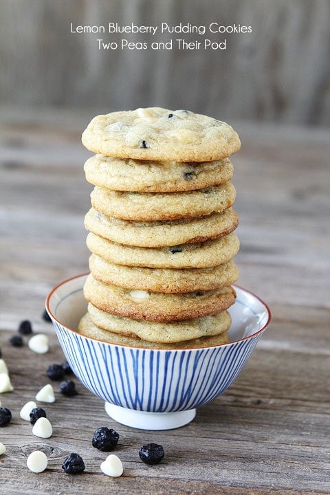 Lemon Blueberry Pudding Cookie Recipe on twopeasandtheirpod.com A great cookie recipe for summer!