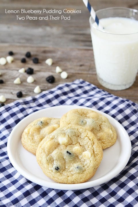 Lemon Blueberry Pudding Cookie Recipe on twopeasandtheirpod.com 